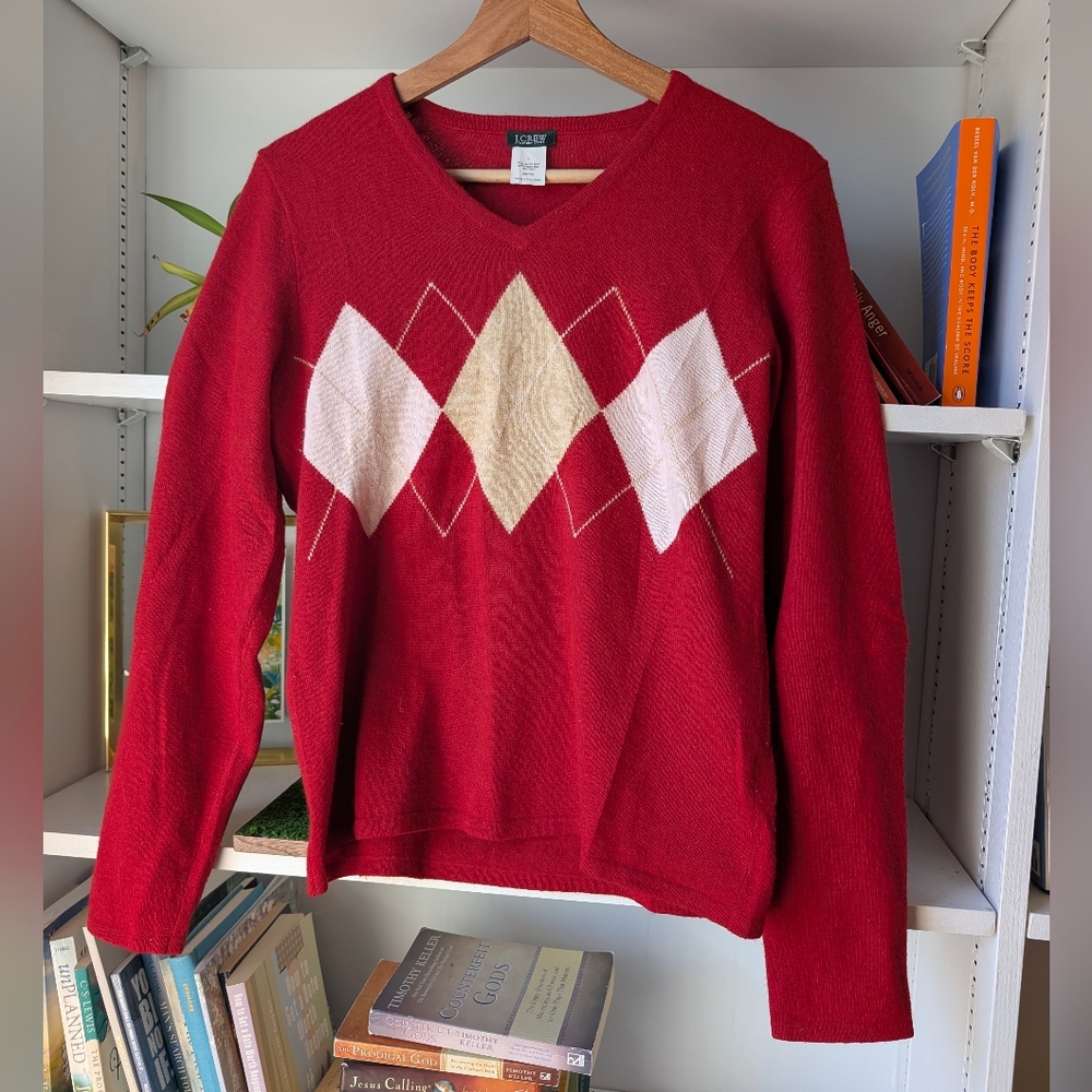 J. Crew Women's Fitted Argyle Sweater Wool Rabbit Hair Red White Size Medium